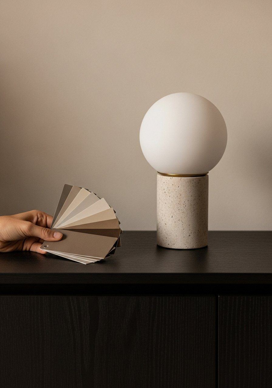 A person's hand holding a fan of beige and gray paint color swatches next to a modern table lamp.
