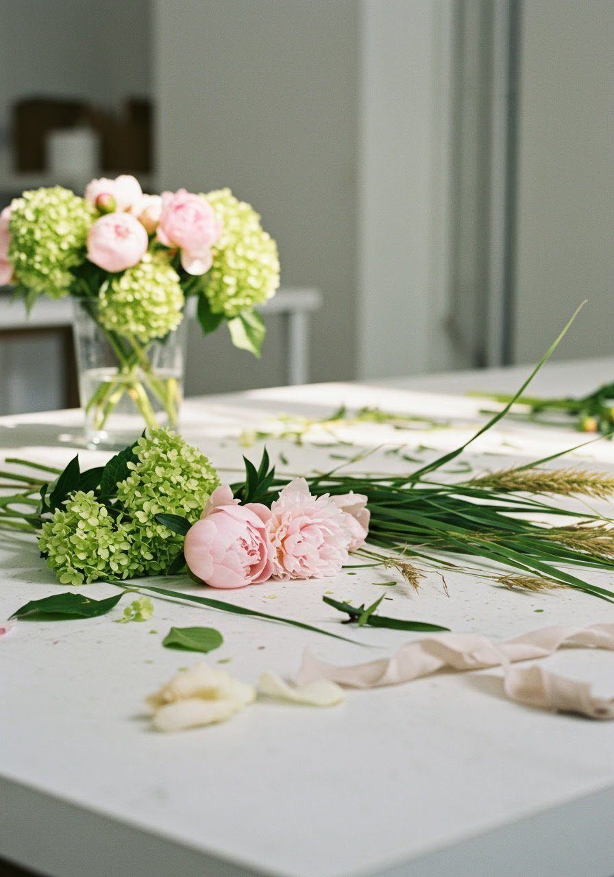 A table with pink peonies, green hydrangeas, and leafy greenery, with flowers in a glass vase in the background.