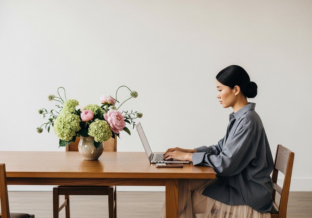 Woman working on a laptop at a dining table with a vase of pink and green flowers, in a minimalist room.