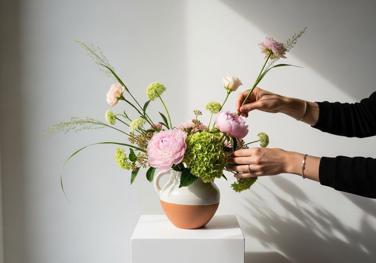 A person arranging a floral arrangement with pink peonies, green hydrangeas, and various greenery in a white and terracotta vase on a white pedestal.