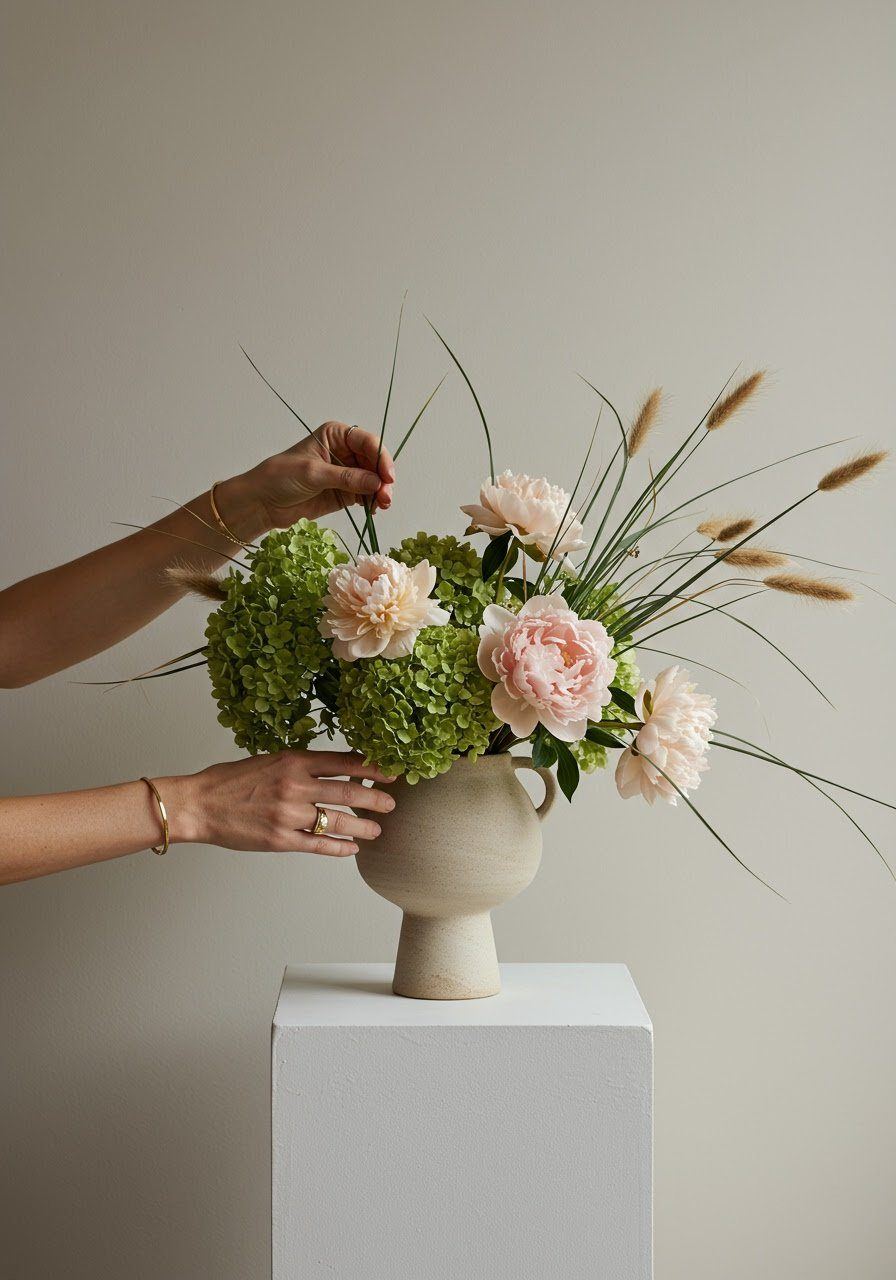 Hands arranging a beige ceramic vase with pink and green flowers on a white pedestal.