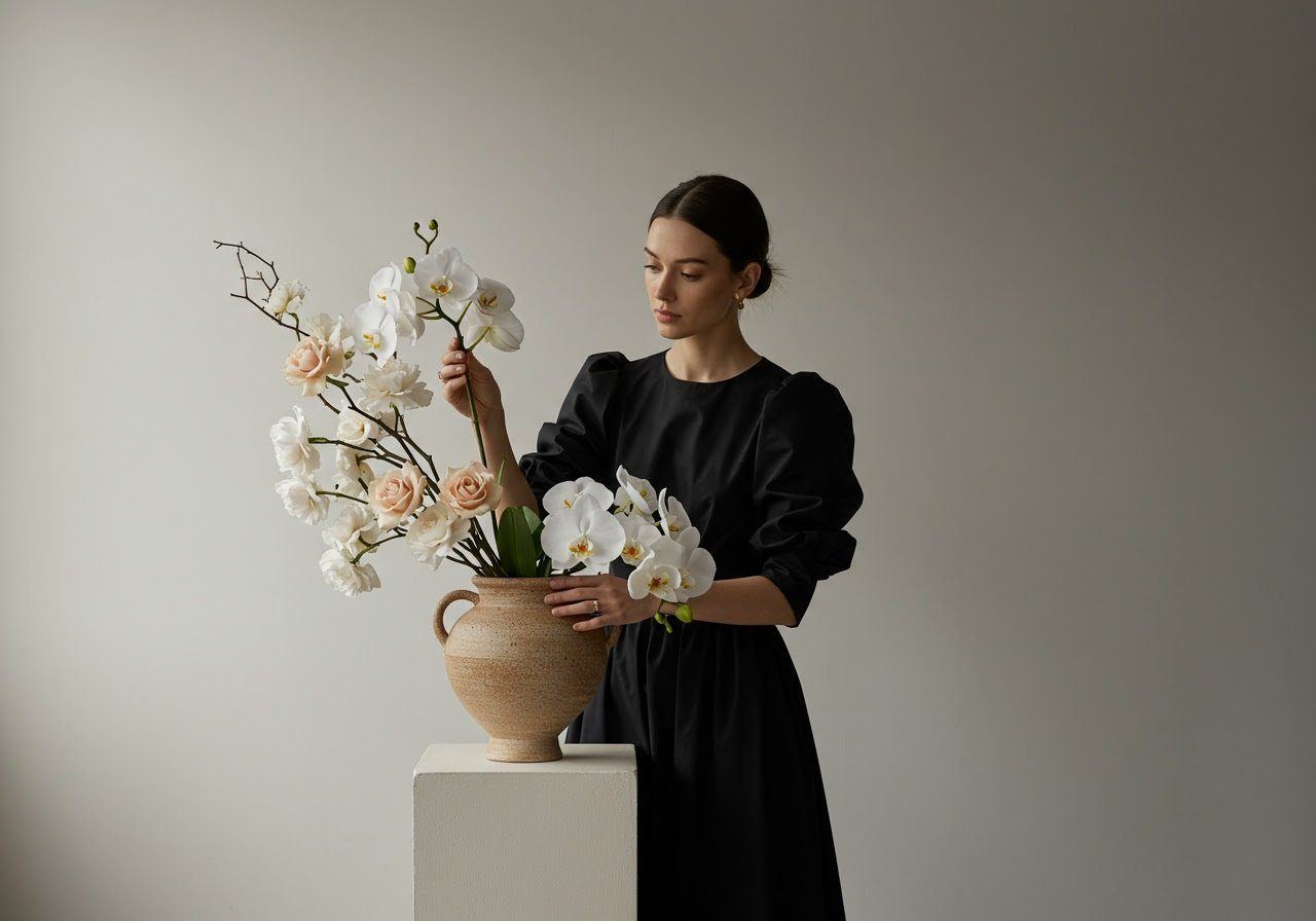 Woman in black dress arranging white and pale pink orchids in a clay vase.