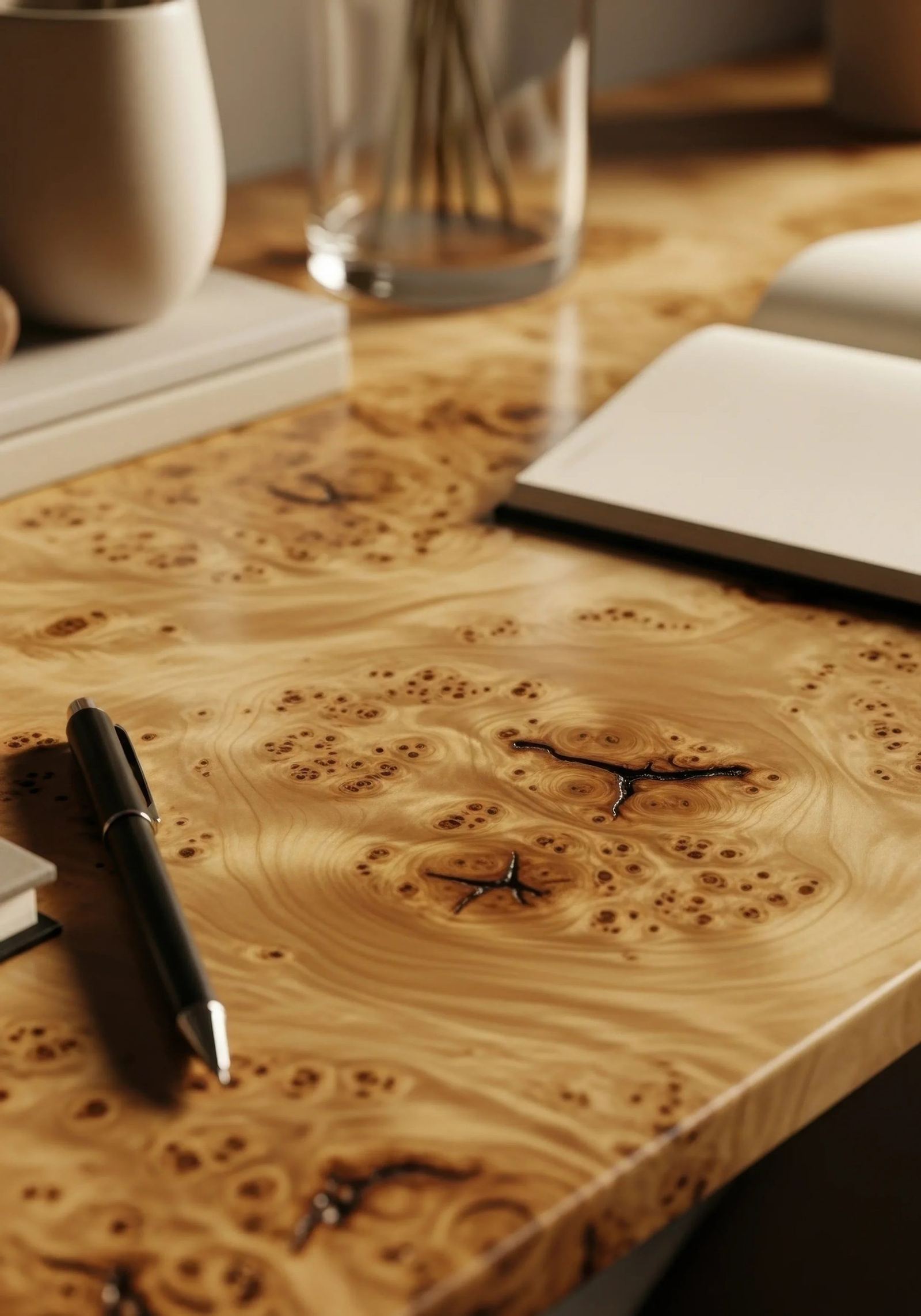 Close-up of a wooden table with a pen, a white notebook, a black and white plant vase, and a glass jar with sticks in the background.