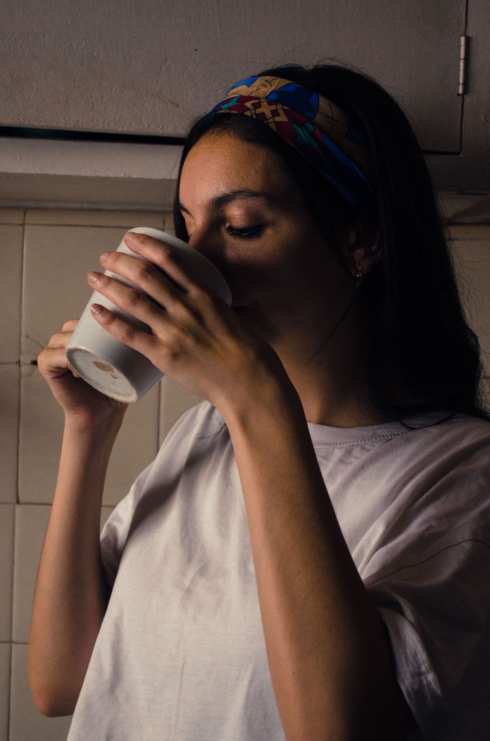 Someone taking the first sip of the day.