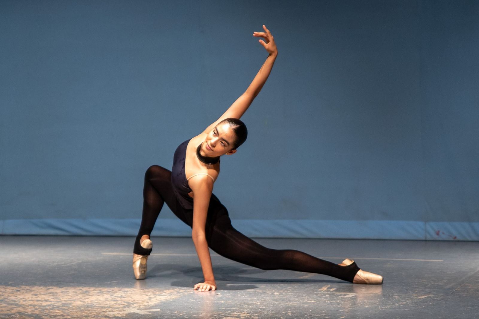 A dancer mid-extension against a blue-grey backdrop.