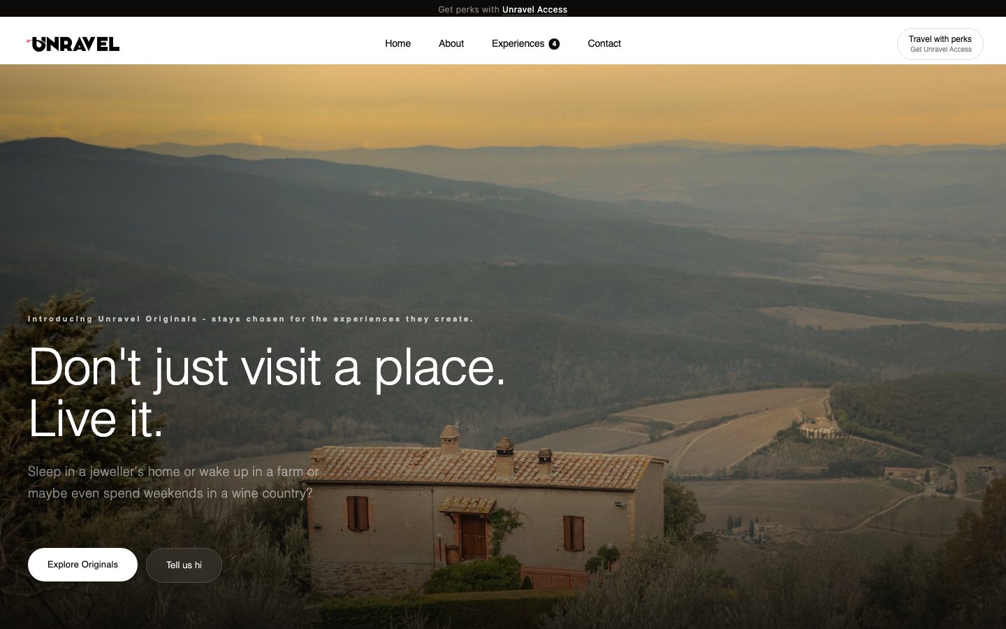 Unravel Experiences homepage on desktop