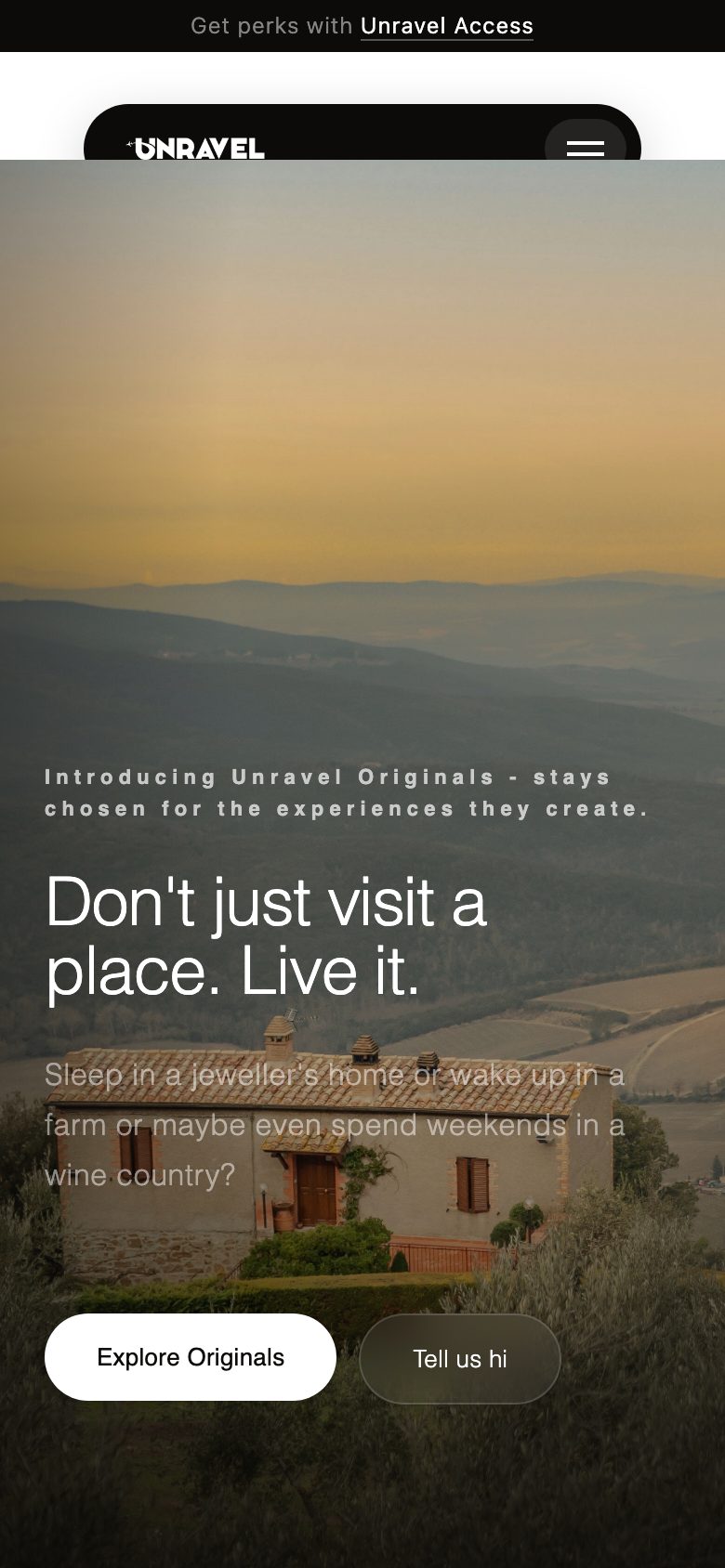 Unravel Experiences homepage on a phone