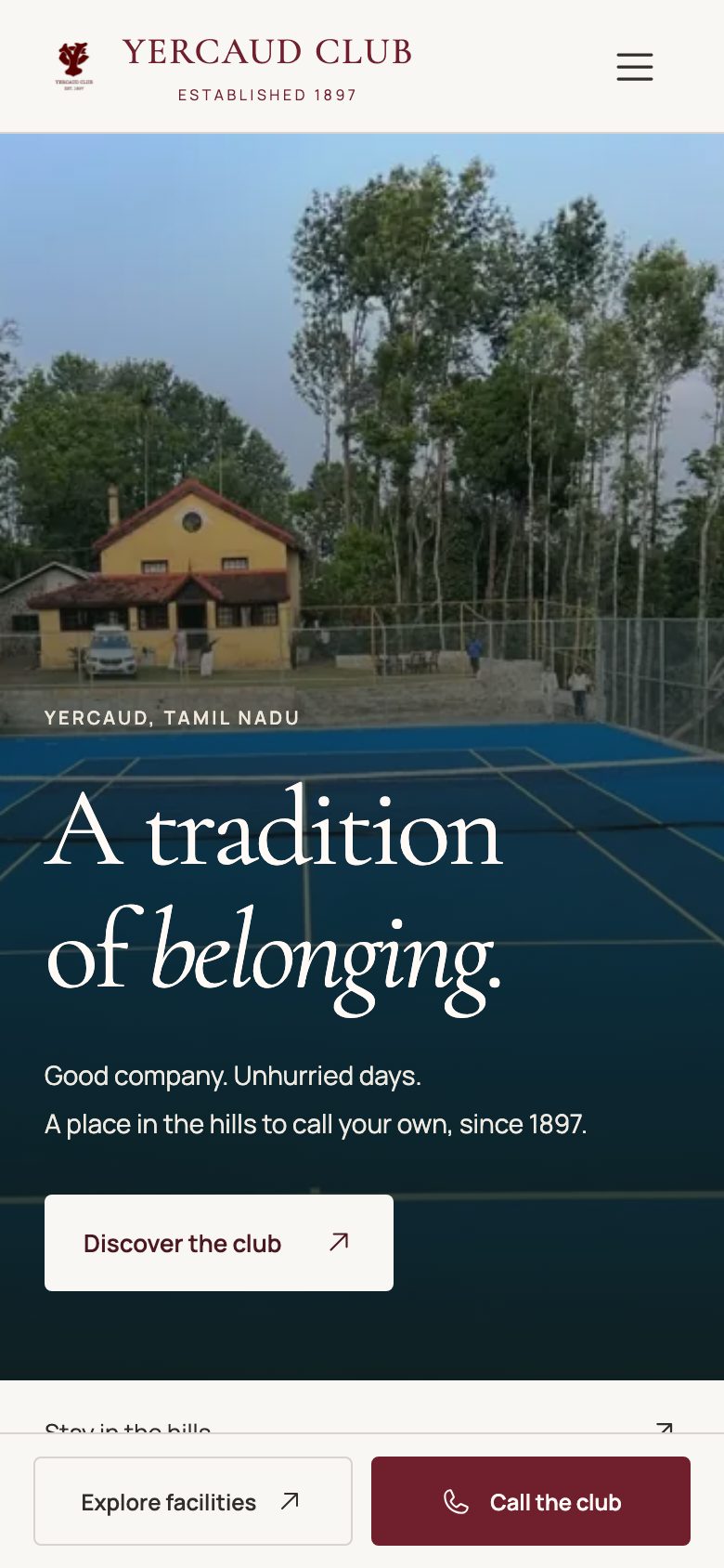 Yercaud Club homepage on a phone